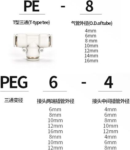 Pneumatic Tee Connector T-shaped White Black Plastic Air Pipe Quick Plugs With Variable Diameter PE6/8/10/12 1Pcs(PEG16-12-16) in Saudi Arabia
