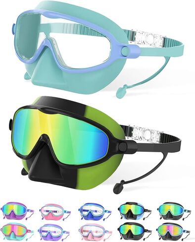 نظارات سباحة للأطفال مع غطاء أنف للأعمار من 3 إلى 12 عامًا، عبوتان من نظارات السباحة المضادة للضباب/الأشعة فوق البنفسجية للأولاد والبنات والأطفال الصغار in Kuwait