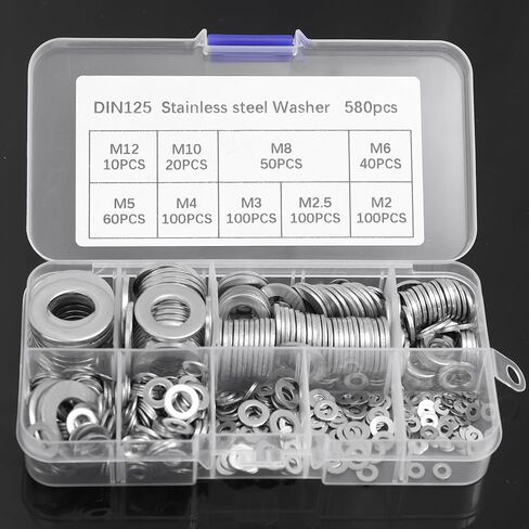 580PCS/Box Stainless Steel Metal Gaskets M2-M12 Screw Flat Washers Rings Meson Plain Assortment Kits Fasteners Washer in Saudi Arabia