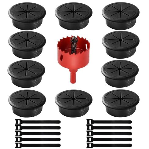 Desk Grommet 2 Inch (50 mm) 10 Pieces, Desk Hole Cover for Cables, Black Desk Cord Hole Cover for Office Home Table, Cable Grommet with 1 Hole Saw Drill Attachment & 10 Cable Ties in Kuwait