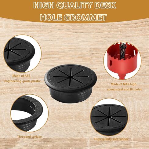 Desk Grommet 2 Inch (50 mm) 10 Pieces, Desk Hole Cover for Cables, Black Desk Cord Hole Cover for Office Home Table, Cable Grommet with 1 Hole Saw Drill Attachment & 10 Cable Ties in Kuwait