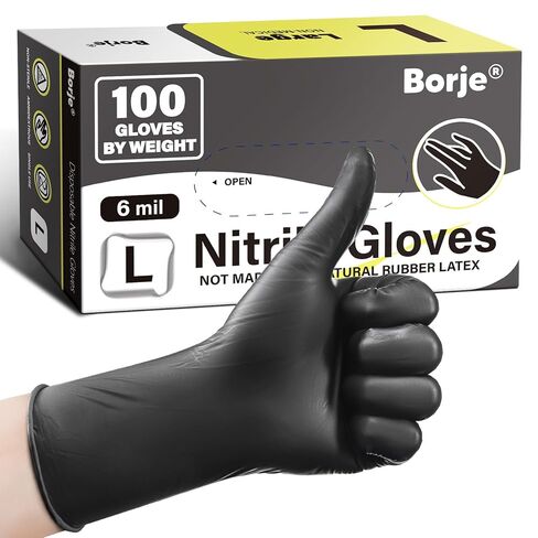 قفازات Borje Nitrile كبيرة، عدد 100 قفازات للاستعمال مرة واحدة، سوداء، خالية من اللاتكس والبودرة، 6 مل، فحص طبي، آمن للطعام، الطبخ، الميكانيكي، السيارات in Saudi Arabia