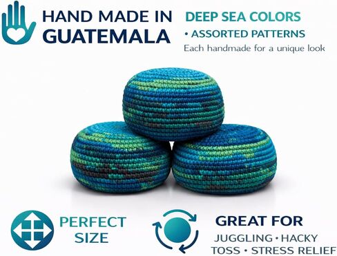 Funny Guy Mugs Footbag Balls 3 Pack Handmade Crocheted Kick Toss Balls from Guatemala Assorted Patterns Deep Sea in Saudi Arabia