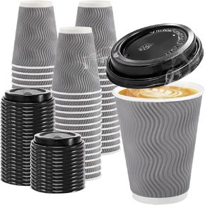 Clawsoff 100 Pack 12 oz Disposable Coffee Cups with Lids, Insulated Ripple Wall To-Go Paper Coffee Cups Suitable for Chocolate Cocoa and Hot/Cold Drinks (Grey) in Kuwait