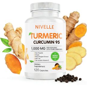 NIVELLE Pure Turmeric Curcumin Supplement 1,000mg | 95% Curcuminoids with Bee Propolis, Ginger, MCT Oil, Fat Soluble Vitamin C, & Black Pepper | Non-GMO, Gluten Free | 120 Capsules in Saudi Arabia