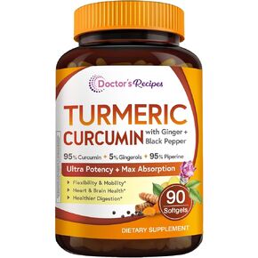 Doctor's Recipes كبسولة هلامية من الكركم 750 ملغ من الكركمينويدات (95%) مع مستخلص الزنجبيل (5% جينجيرول) لوظيفة مضادات الأكسدة، والتنقل والمرونة، والفلفل الأسود لامتصاص مثالي، 90 كبسولة هلامية in Kuwait