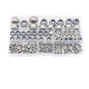 غسالات Qinlu-180 قطعة من النايلون السداسي المضاد للفضفاض، مجموعة صواميل قفل ذاتي القفل 304 من الفولاذ المقاوم للصدأ M3 M4 M5 M6 M8 M10 M12، صندوق أدوات لإصلاح المصانع (180 قطعة) in Kuwait