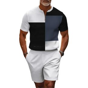 Men's short sleeved shorts sports suit stand collar shirt zipper T-shirt beach shorts jogging two-piece set in Kuwait