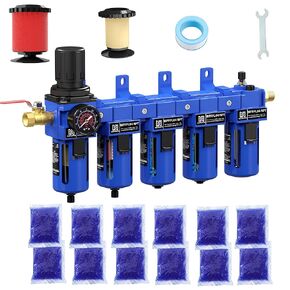 NEWPO 1/2 "NPT 5 مرحلة منظم فلتر الهواء مجموعة التشحيم، نظام الهواء المضغوط مع الترشيح، مجففات المجففة، فاصل مصيدة الماء/الزيت، تصريف شبه تلقائي، دعامة معدنية in Kuwait