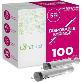 Care Touch 100 Pack 5 ml Syringes Without Needle - Disposable Oral Syringe with Luer Slip Tip - Liquid Medicine Syringes for Children, Babies, Infants, Pets - Individually Wrapped and Leak Resistant in Kuwait