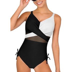 Girls One Piece Swimsuit Criss Cross Mesh Bathing Suits Color Block Big Girls Modest Swimwear with Removable Pads 9-16Y in Kuwait