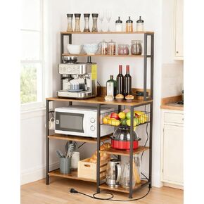 35 x 60 Inch Kitchen Bakers Rack with Power Outlet, 4-Tier Microwave Oven Stand & Coffee Bar Table, Large Storage Shelf Rack with 6 S Hooks, for Spices, Pots, Kitchen Organization in Kuwait
