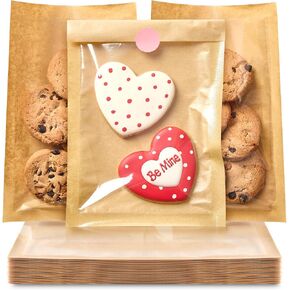 ​​​Ocmoiy 100 Pcs Clear Front Paper Cookie Bags with Seal Heat-Sealable & Grease-Resistant, 5.1x7.5 Inches Brown Bakery Bags with Window, Small Treat Bags Cookies Packaging Favor Bags (100) in Kuwait