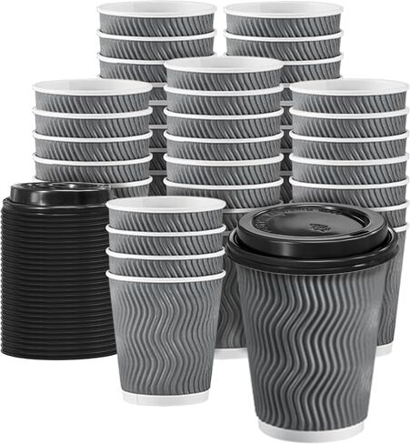 Clawsoff 100 Pack 12 oz Disposable Coffee Cups with Lids, Insulated Ripple Wall To-Go Paper Coffee Cups Suitable for Chocolate Cocoa and Hot/Cold Drinks (Grey) in Kuwait