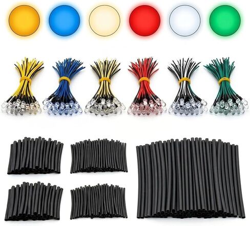 120 قطعة 5 مم 12 فولت من صمامات LED الثنائية السلكية مسبقًا + 50 قطعة من أنابيب الانكماش الحراري، عدسة دائرية شفافة مقاس 7.9 بوصة، مجموعة 6 ألوان مختلطة (20 قطعة لكل واحدة) مع مقاوم ملحوم مسبقًا للوحة قيادة السيارة، وإضاءة النماذج اليدوية in Kuwait