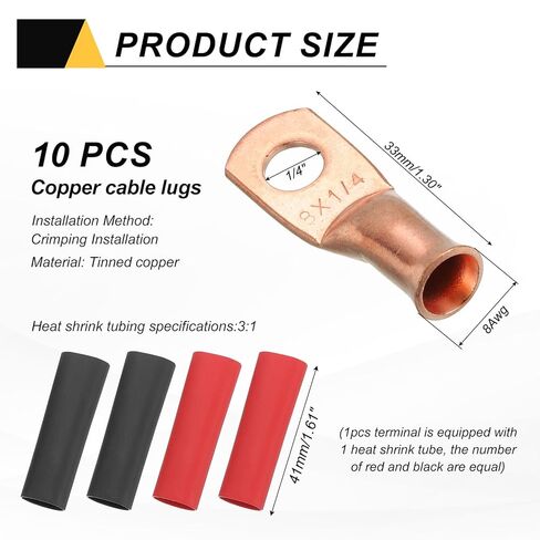 Generic 10 قطع 8 AWG M6 أطراف حلقية لعروات البطارية، 1/4 بوصة 6 مم موصل طرفي سلك تجعيد مسمار نهاية نحاسية، أنبوب انكماش حراري 3:1، ذهبي in Saudi Arabia