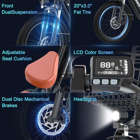 T20 Ebike للبالغين مع مقعد خلفي وسلة أمامية، ذروة 1000 واط Ebike - 48V 13Ah - مقعدان للتنقل بالدراجة الكهربائية - F / R قرص الفرامل الأمامية لامتصاص الصدمات - 20 بوصة × 3.0 بوصة إطار سميك -UL2849 in Kuwait