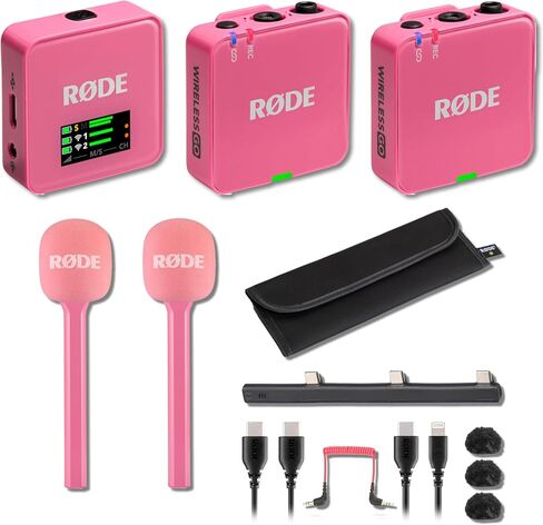 نظام ميكروفون لاسلكي صغير الحجم Rode Wireless GO (الجيل الثالث) (وردي) مع 2X محولات محمولة باليد باللون الوردي Interview GO in Kuwait