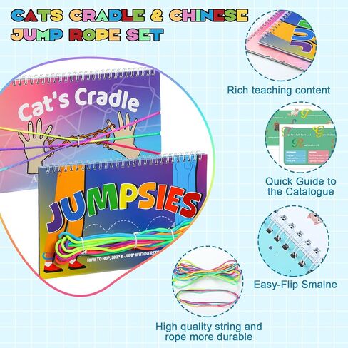 4 Pcs Cats Cradle String and Chinese Jump Rope Set 1.65 M Finger String and 5 M Elastic Jump Rope with 2 Game Instructions Fitness Educational Toys for Outdoor Indoor Play Exercise in Saudi Arabia