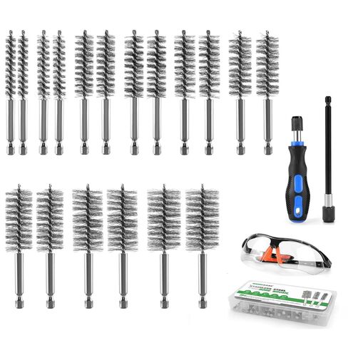 21PCS Bore Brush Set for Drill, Stainless Steel Round Wire Brushes, 9 Sizes (5/16’’-1-1/8’’) with 1/4" Hex Shank, Handle, 10mm Extension Bar, Goggles, Engine and Pipe Cleaning Brush Kit in Kuwait