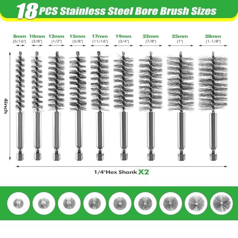 21PCS Bore Brush Set for Drill, Stainless Steel Round Wire Brushes, 9 Sizes (5/16’’-1-1/8’’) with 1/4" Hex Shank, Handle, 10mm Extension Bar, Goggles, Engine and Pipe Cleaning Brush Kit in Kuwait