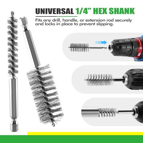 21PCS Bore Brush Set for Drill, Stainless Steel Round Wire Brushes, 9 Sizes (5/16’’-1-1/8’’) with 1/4" Hex Shank, Handle, 10mm Extension Bar, Goggles, Engine and Pipe Cleaning Brush Kit in Kuwait