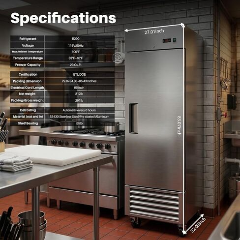 27" W Commercial Refrigerators, 23 Cu.Ft Commercial Reach-in Stainless Steel Refrigerators, Commercial Upright Fridge Storage with 3 Shelves for Restaurant, Bar, Supermarket in Saudi Arabia