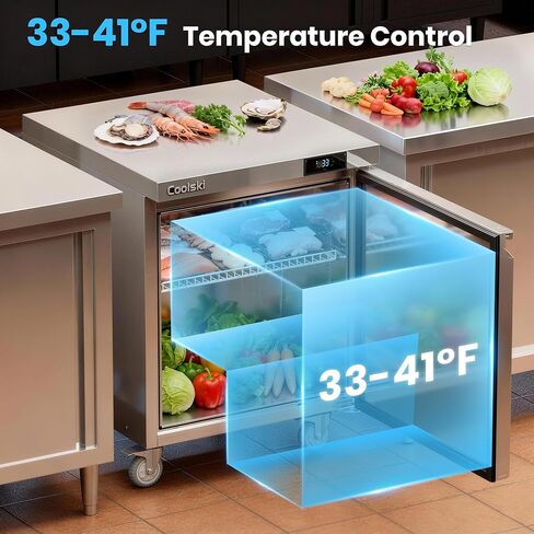 Coolski Commercial Worktop Undercounter Refrigerator, 27" W Single Door Commercial Under Counter Fridge, 7.5 Cu.ft. Stainless Steel Fan Cooling Refrigerator for Restaurant, Bar, Shop, Kitchen Use in Kuwait