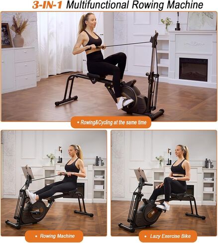 Rowing Machine for Home, 3 in 1 Magnetic Rower with 6-Level Height Adjustable, LCD Monitor & Phone Holder, APP Compatible, Folding Design, 350LBS Weight Capacity for Full-Body Workout in Kuwait
