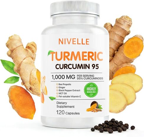 NIVELLE Pure Turmeric Curcumin Supplement 1,000mg | 95% Curcuminoids with Bee Propolis, Ginger, MCT Oil, Fat Soluble Vitamin C, & Black Pepper | Non-GMO, Gluten Free | 120 Capsules in Saudi Arabia