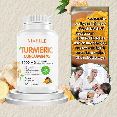 NIVELLE Pure Turmeric Curcumin Supplement 1,000mg | 95% Curcuminoids with Bee Propolis, Ginger, MCT Oil, Fat Soluble Vitamin C, & Black Pepper | Non-GMO, Gluten Free | 120 Capsules in Saudi Arabia