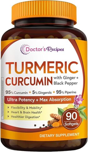 Doctor's Recipes كبسولة هلامية من الكركم 750 ملغ من الكركمينويدات (95%) مع مستخلص الزنجبيل (5% جينجيرول) لوظيفة مضادات الأكسدة، والتنقل والمرونة، والفلفل الأسود لامتصاص مثالي، 90 كبسولة هلامية in Kuwait