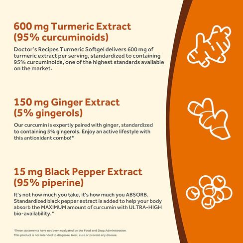 Doctor's Recipes كبسولة هلامية من الكركم 750 ملغ من الكركمينويدات (95%) مع مستخلص الزنجبيل (5% جينجيرول) لوظيفة مضادات الأكسدة، والتنقل والمرونة، والفلفل الأسود لامتصاص مثالي، 90 كبسولة هلامية in Kuwait