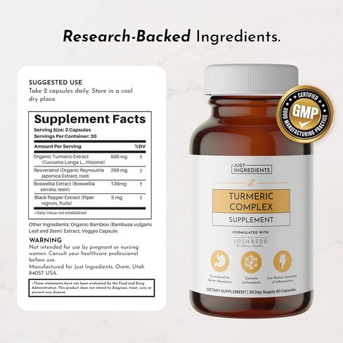 JUST Ingredients Turmeric Complex Supplement Organic Turmeric Extract with Resveratrol, Boswellia & Black Pepper Supports Joint Comfort, Antioxidant & Inflammatory Response 60 Capsules in Kuwait