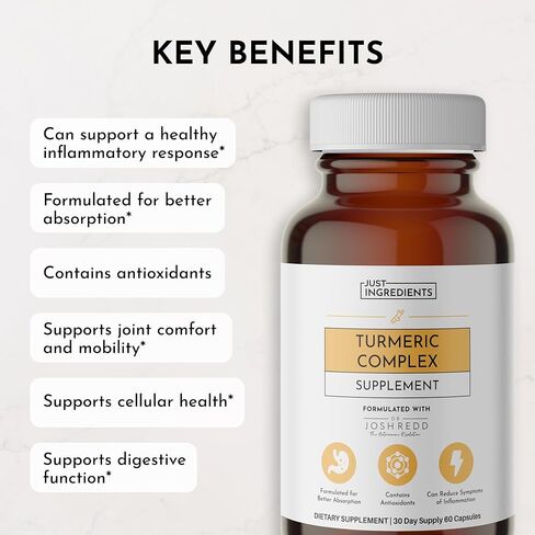 JUST Ingredients Turmeric Complex Supplement Organic Turmeric Extract with Resveratrol, Boswellia & Black Pepper Supports Joint Comfort, Antioxidant & Inflammatory Response 60 Capsules in Kuwait