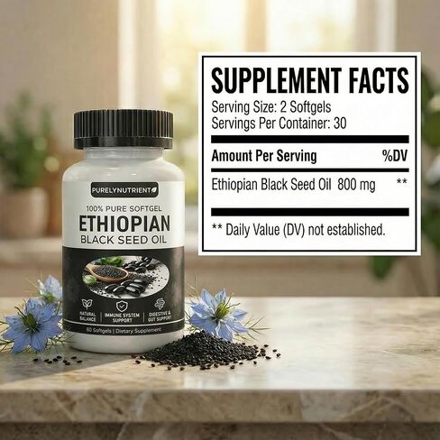 Ethiopian Black Seed Oil Softgels | Ethiopian Black Seed Oil Organic Cold Pressed | 4.64% Thymoquinone | Non-GMO, Gluten-Free,60 Capsules in Saudi Arabia