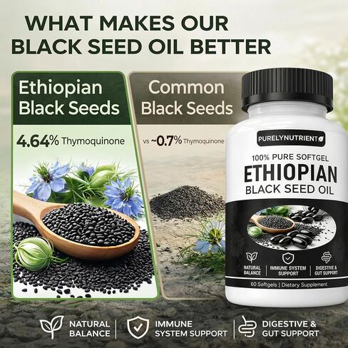 Ethiopian Black Seed Oil Softgels | Ethiopian Black Seed Oil Organic Cold Pressed | 4.64% Thymoquinone | Non-GMO, Gluten-Free,60 Capsules in Saudi Arabia