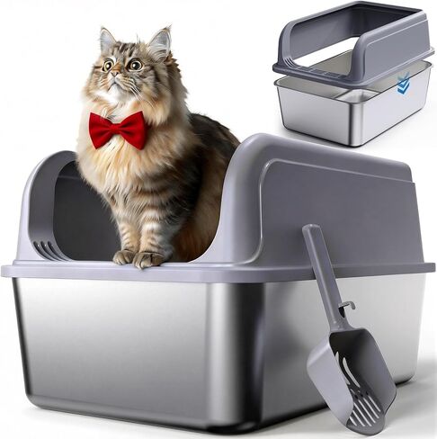 Stainless Steel Cat Litter Box, Metal Kitty Litter Box with Scoop, Anti-Leakage Top Entry, Non-Sticky, Easy to Clean, Grey, M (1 Pack) in Kuwait