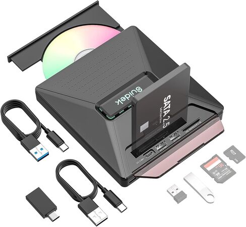 CD DVD Drive External, Portable CD DVD Driver +/-RW Burner with 2.5" SATA,SD Card Reader and USB A Type C 2.0 Hub Compatible with Laptop PC in Kuwait