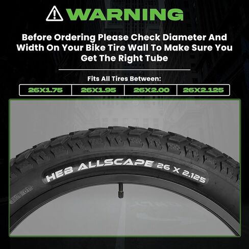أنابيب داخلية للدراجة مقاس 26 بوصة HEB 26 × 1.75، 1.95، 2.10، 2.125 - أنابيب دراجة مطاطية بوتيل مع صمام شريدر - متوافقة مع دراجات كروزر والجبل والمدينة والأطفال - مجموعة من 2 in Kuwait