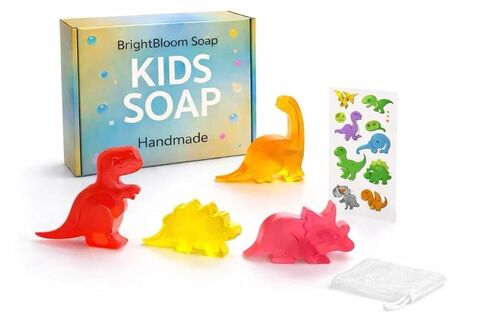 Kids Soap Bar (Set of 4) - Unique Natural Dinosaur Shaped Soaps for Children - Bonus Dino Tattoos, Gentle Bath Soap for Sensitive Skin - Fun Gift for Kids - Birthday, Bath Time - Handmade in USA in Saudi Arabia