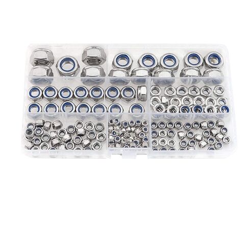 غسالات Qinlu-180 قطعة من النايلون السداسي المضاد للفضفاض، مجموعة صواميل قفل ذاتي القفل 304 من الفولاذ المقاوم للصدأ M3 M4 M5 M6 M8 M10 M12، صندوق أدوات لإصلاح المصانع (180 قطعة) in Kuwait