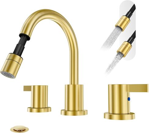 Phiestina Pull Out Sprayer Matte Black 8 Inch Bathroom Sink Faucet, Widespread 2 Handles 3 Hole Pull Down Bathroom Faucet, with Pop Up Drain and Water Supply Line, BF04022-K01-MB in Kuwait