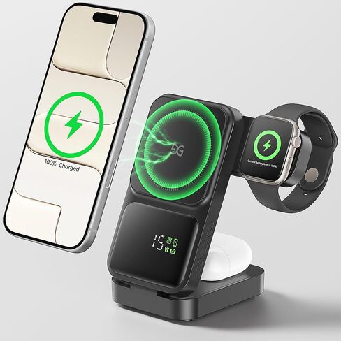 Gusgu 3 in 1 محطة شحن لاسلكية مع عرض الطاقة في الوقت الفعلي وعرض الوقت ، وقصة شحن قابلة للطي ، متوافقة مع iPhone 17/AIR/16/14/14/13/، سلسلة Apple Watch 11/SE3/Ultra 3 ، AirPods Pro 3 in Kuwait