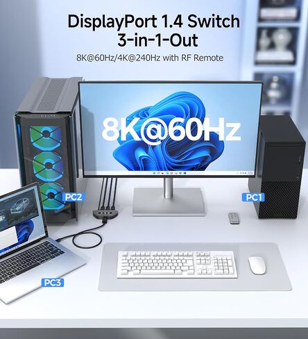 كابل مهم 32.4 جيجابت في الثانية DisplayPort 1.4 Switch مع جهاز تحكم عن بعد، 3 في 1 خارج، يدعم 8K 60 هرتز / 4K 240 هرتز، محول DisplayPort 8K قابل للتركيب على الحائط، وليس محول HDMI أو USB-C in Saudi Arabia