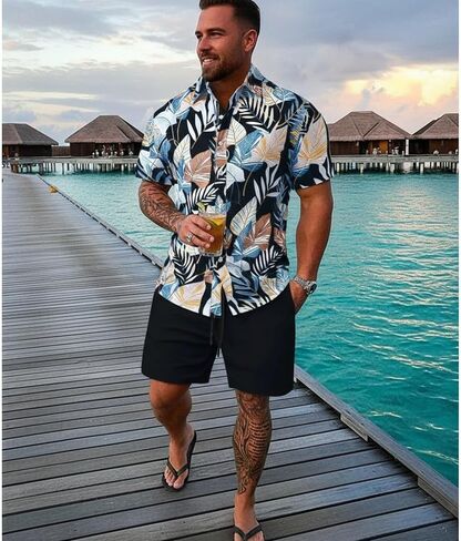 Men's Track Suit 2 Piece Lightning Print Short Sleeve Crew Neck & Shorts Set in Saudi Arabia