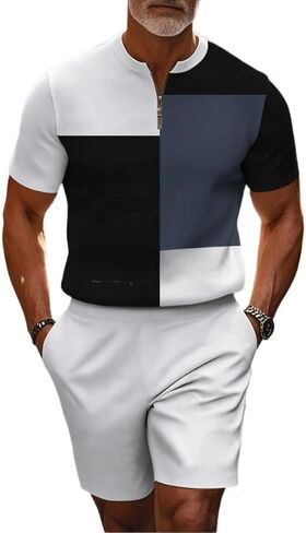 Men's short sleeved shorts sports suit stand collar shirt zipper T-shirt beach shorts jogging two-piece set in Kuwait