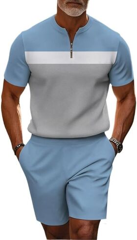 Men's short sleeved shorts sports suit stand collar shirt zipper T-shirt beach shorts jogging two-piece set in Saudi Arabia