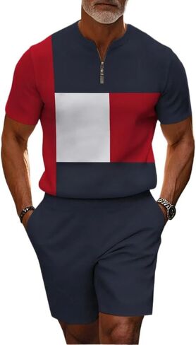 Men's short sleeved shorts sports suit stand collar shirt zipper T-shirt beach shorts jogging two-piece set in Saudi Arabia