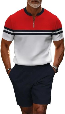 Men's short sleeved shorts sports suit stand collar shirt zipper T-shirt beach shorts jogging two-piece set in Saudi Arabia